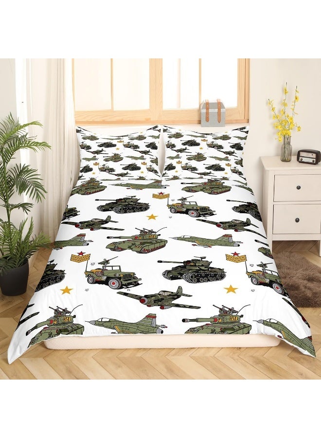 Manfei War Theme Duvet Cover Set Twin Size, Aircraft Tanks Bedding Set 2pcs for Kids Boys Bedroom Decor, Retro Army Green Airplane Tanks Comforter Cover Soft Polyester Quilt Cover with 1 Pillowcase - Image 3